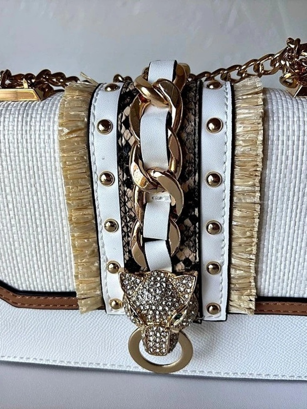 Embellished Shoulder Bag in White & Brown Like New